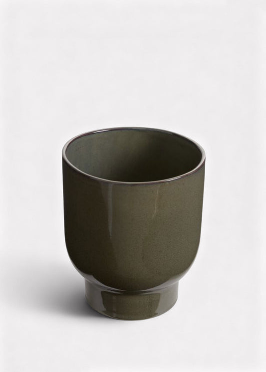 Dark Olive Green Glossy Ceramic Footed Fischer Pot - 8"