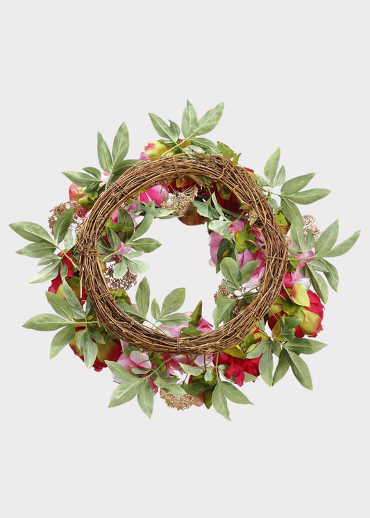 Pink and Burgundy Blooming Peony Fake Flower Wreath - 26"