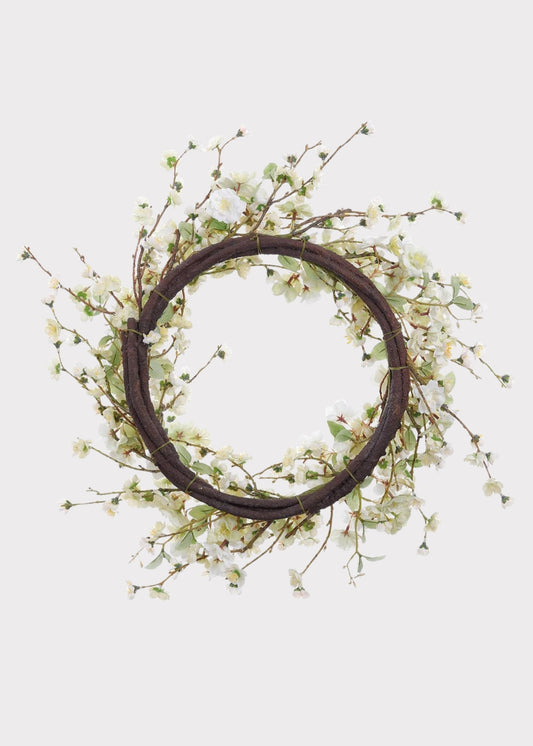 Artificial Wispy Cherry Blossom Flower Wreath in Cream Green - 24"