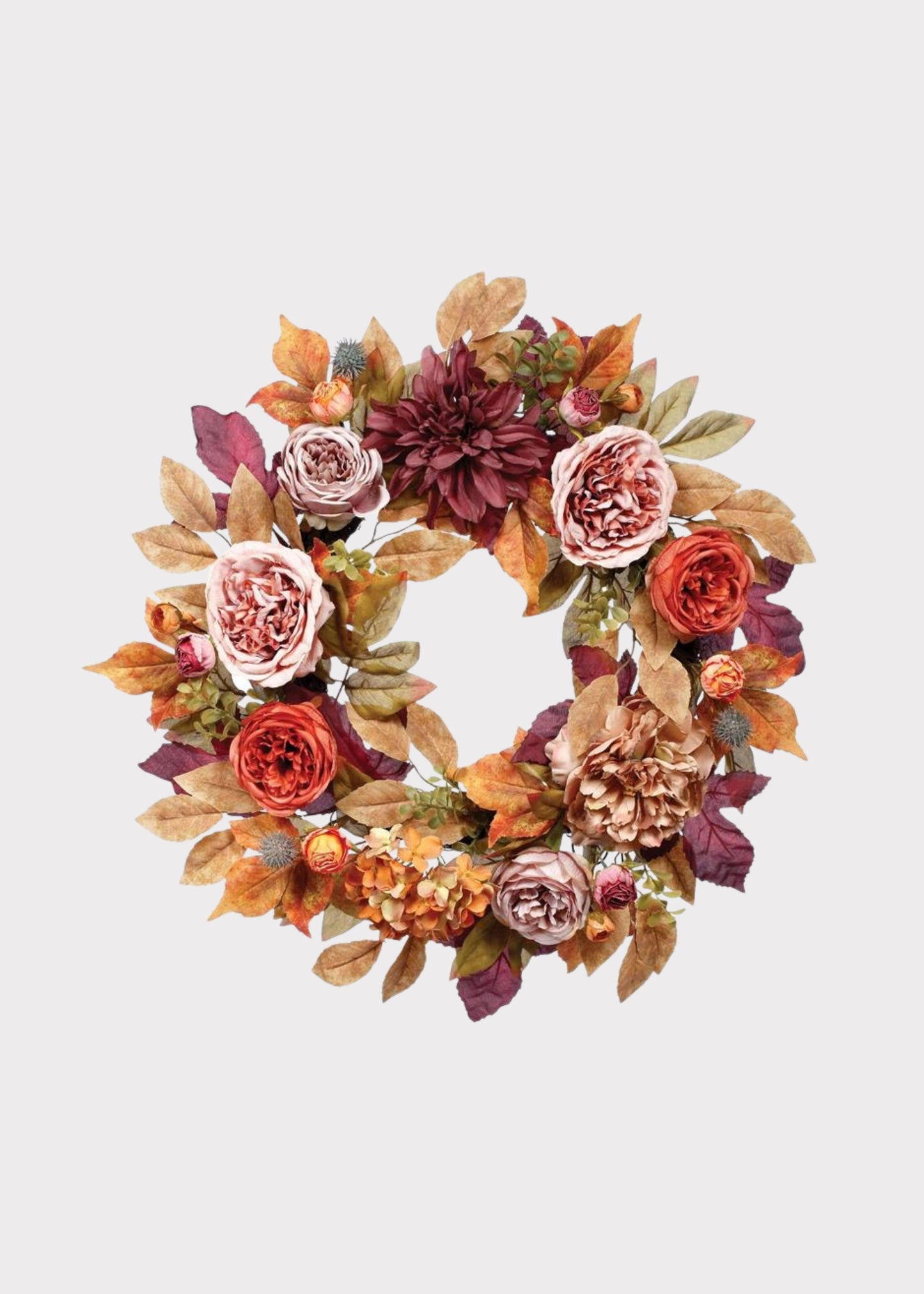 Fake Fall Flower and Leaf Wreath in Mixed Autumn Hues - 24"