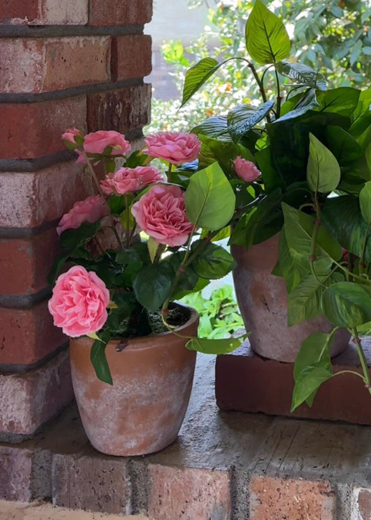 UV Treated Outdoor Potted Arrangement of Pink Real Touch Roses - 13"