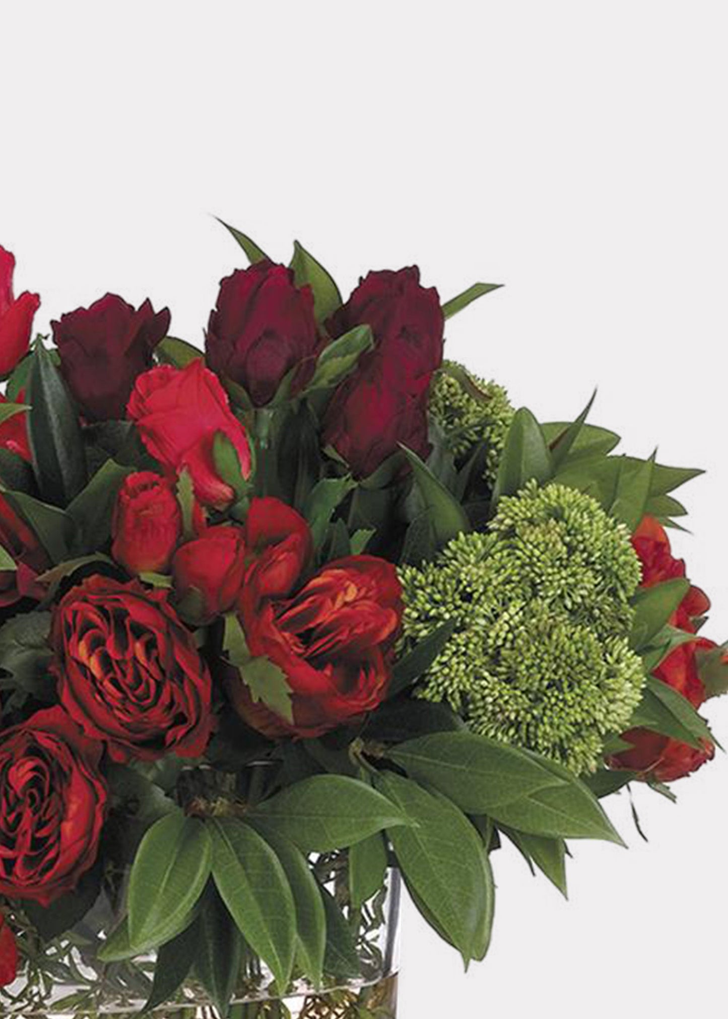 Red Fake Rose and Dahlia Flower Arrangement in Oval Glass Vase - 14"