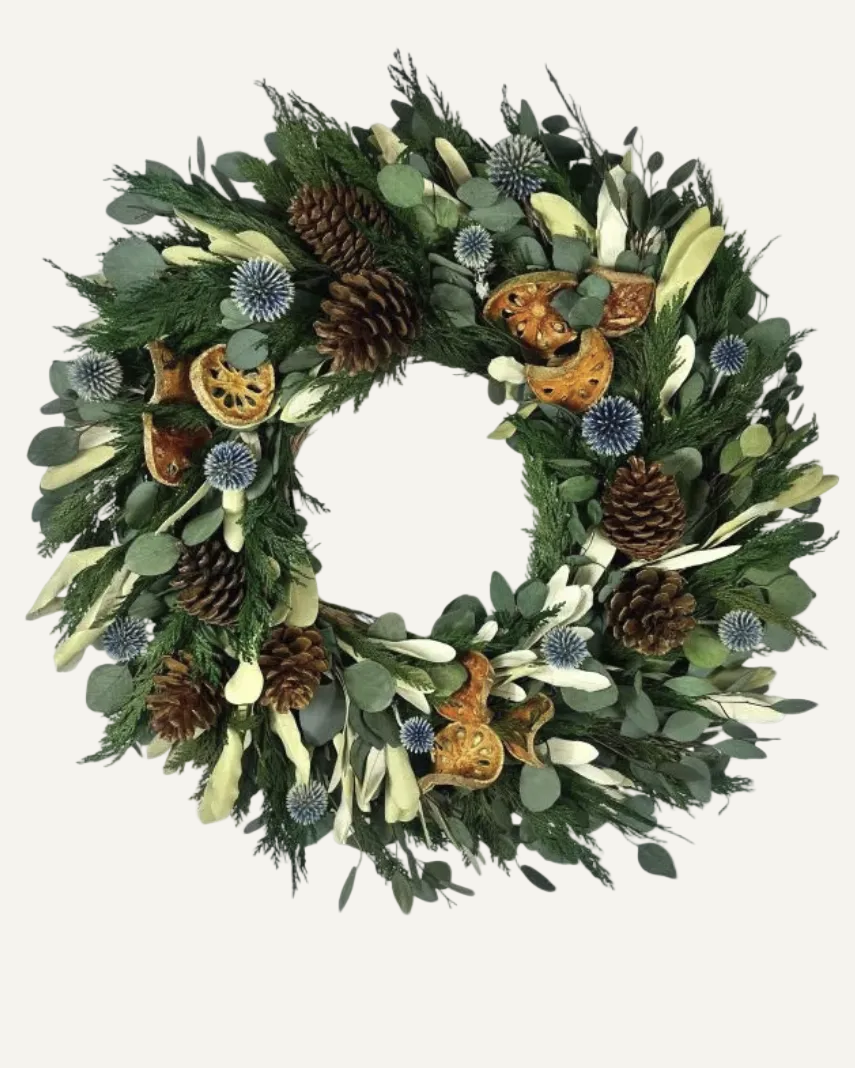 Preserved Winter Greenery Wreath with Quince and Cones - 22"