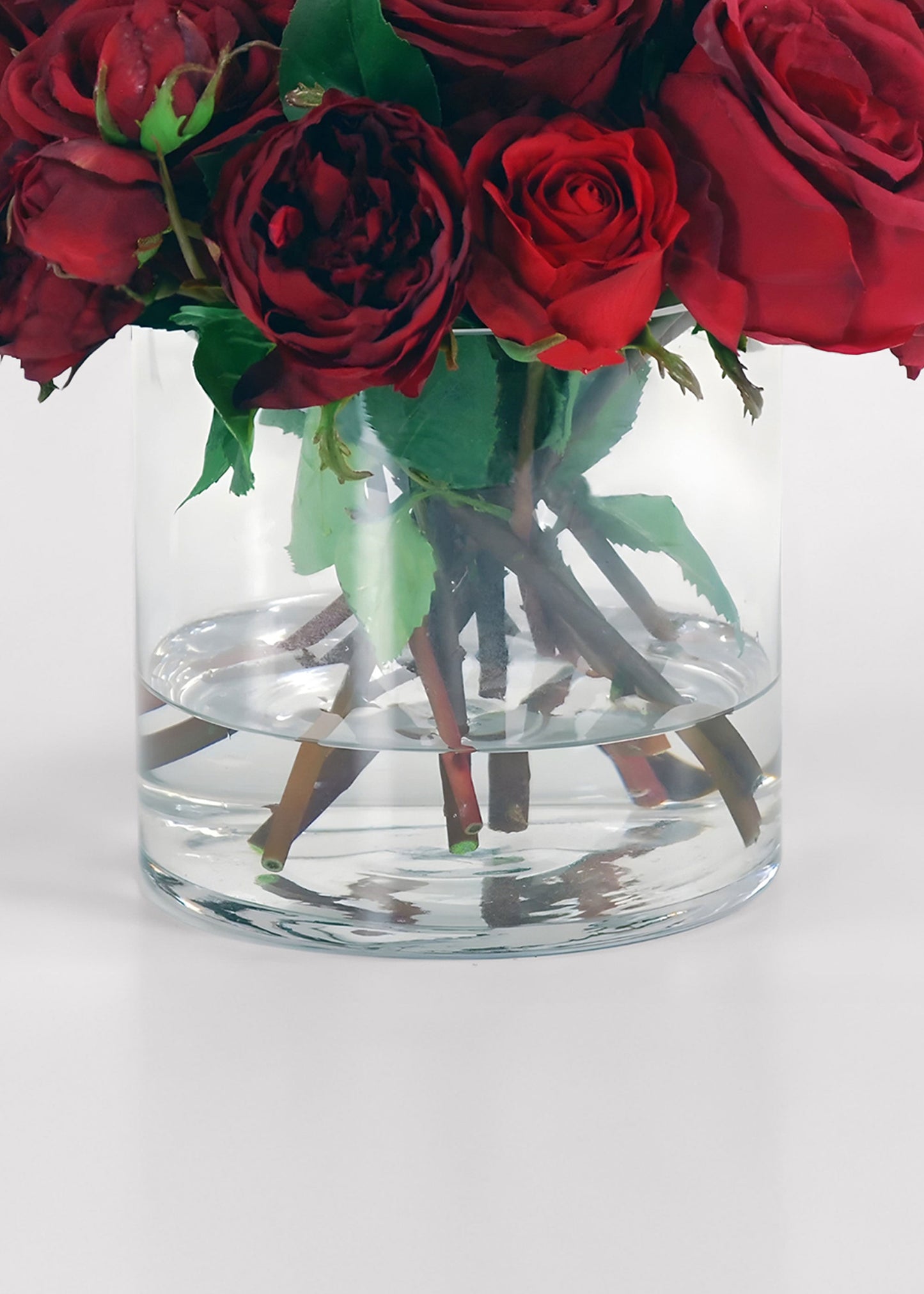 Faux Arrangement of Red Roses in Glass Vase - 13"