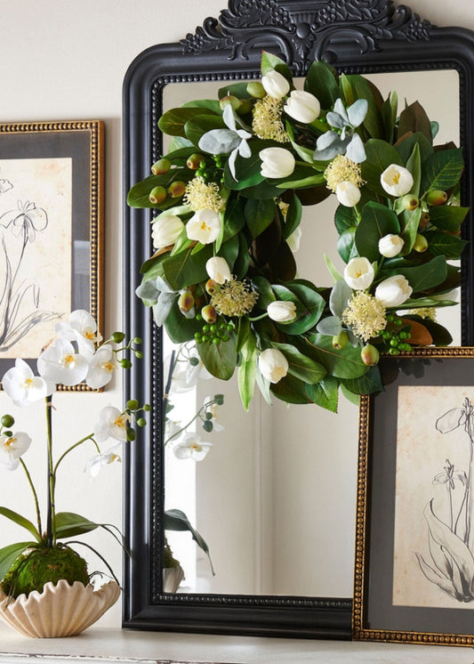 Cream Fake Tulip and Greenery Spring Flower Wreath - 25"