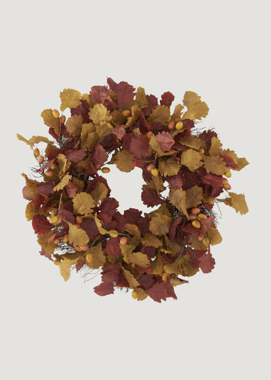 Fall Burgundy and Orange Fake Oak Leaves Wreath - 28"