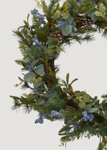 Fake Mixed Greenery Wreath with Blue Berries - 29"