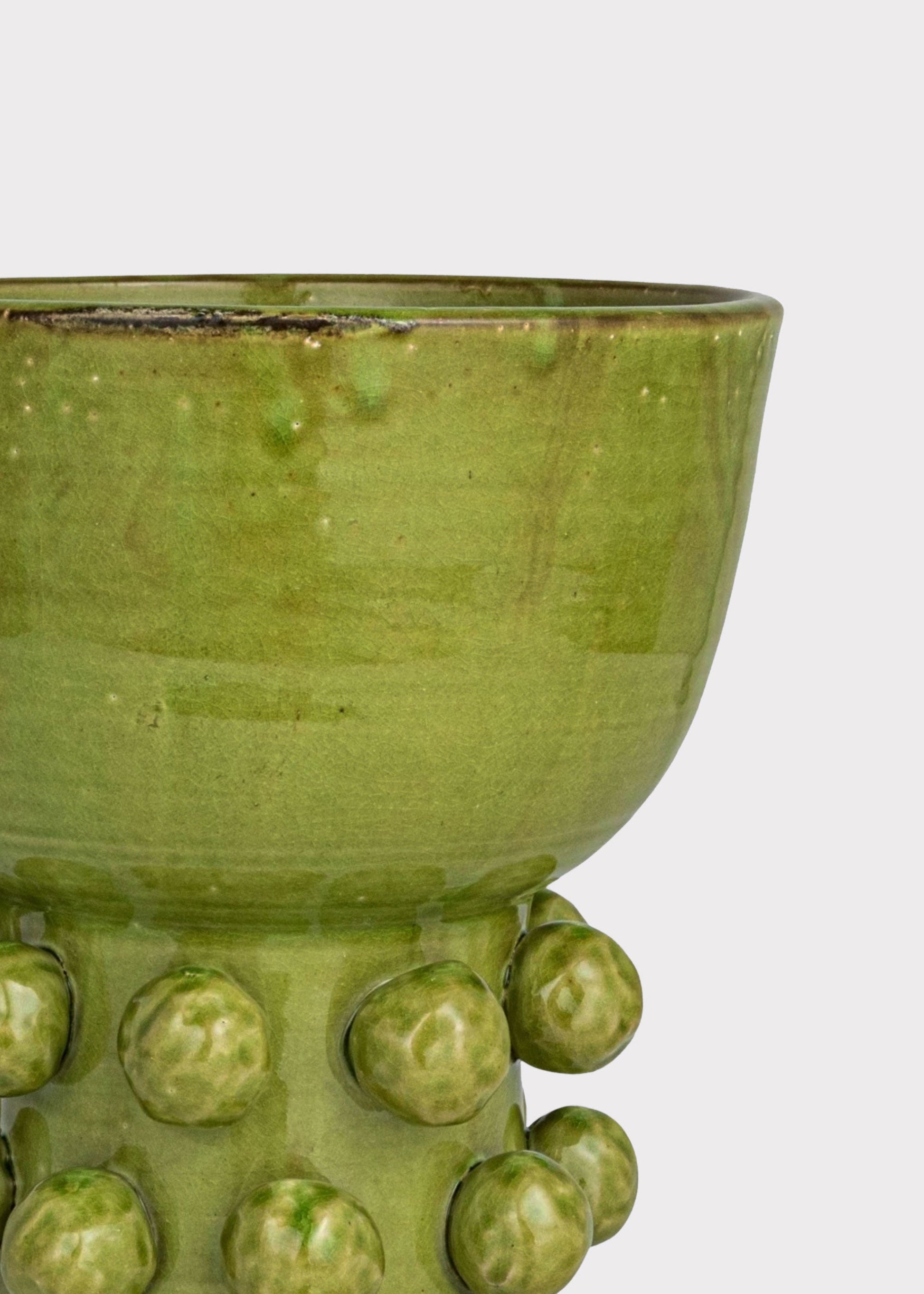 Handmade Terra Cotta Hobnail Footed Vase in Glazed Green - 12.25"