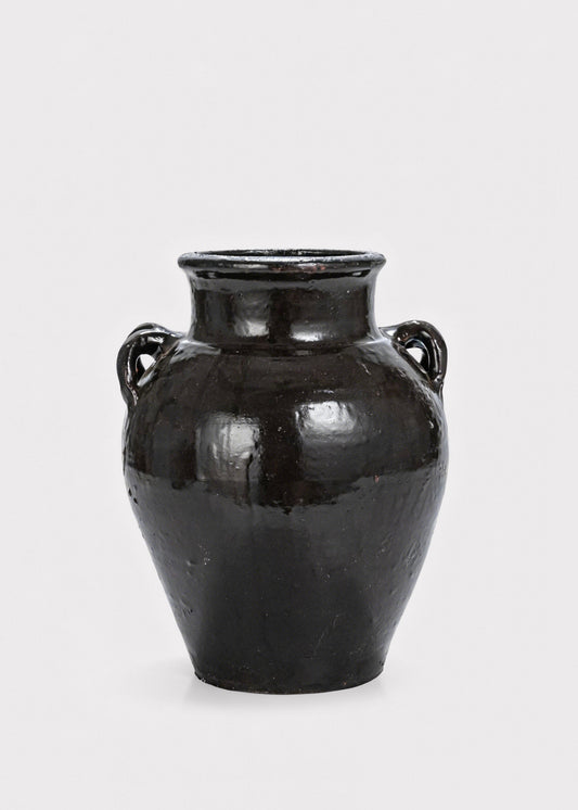 Large Distressed Clay Jar Vase in Dark Brown Black Hue - 11.75"