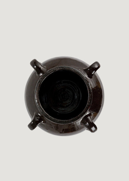 Distressed Clay Round Jar Vase in Dark Brown Black Hue - 6.75"