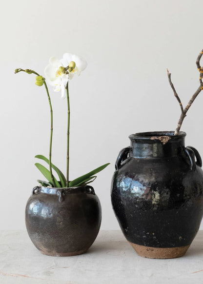 Distressed Clay Round Jar Vase in Dark Brown Black Hue - 6.75"