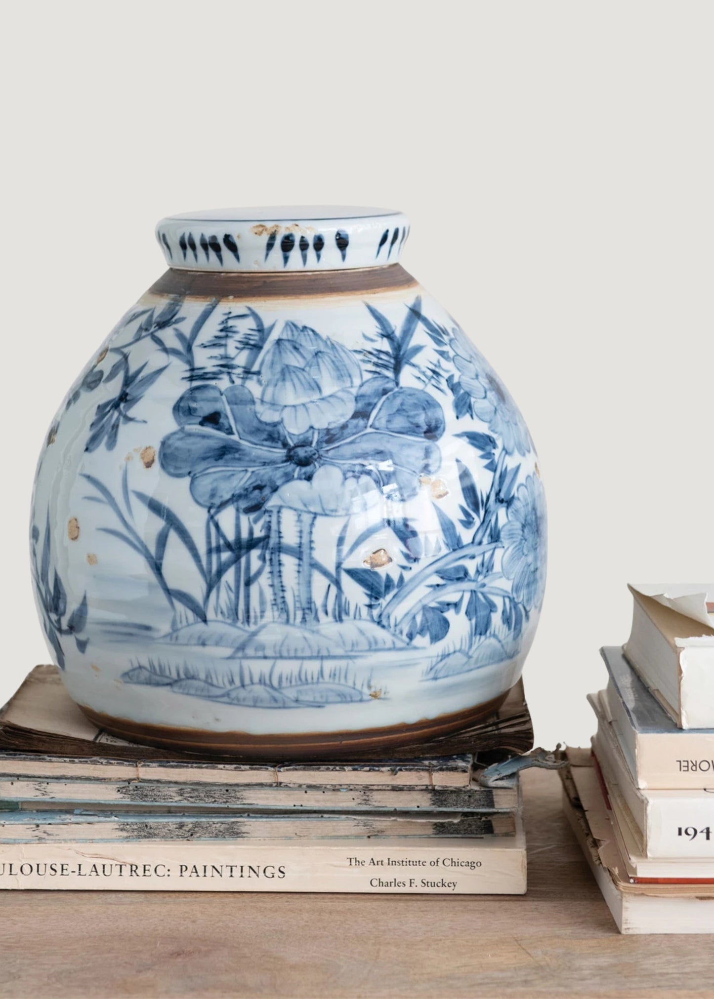 Hand-Painted Blue and White Stoneware Ginger Jar Vase - 11"