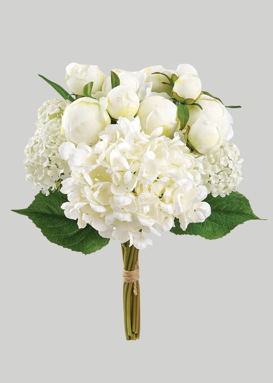 Cream Fake Hydrangea Snowball and Ranunculus Flower Bouquet - 17"