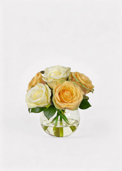 Faux Yellow Rose Arrangement in Glass Vase - 7"