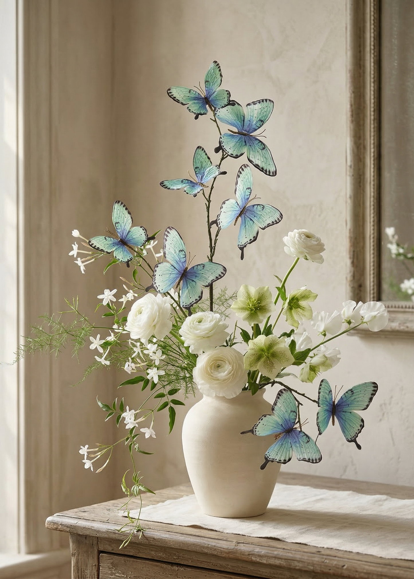 Spring Decor Blue and Green Fake Butterflies Spray - 32"