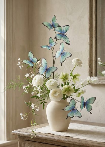 Spring Decor Blue and Green Fake Butterflies Spray - 32"