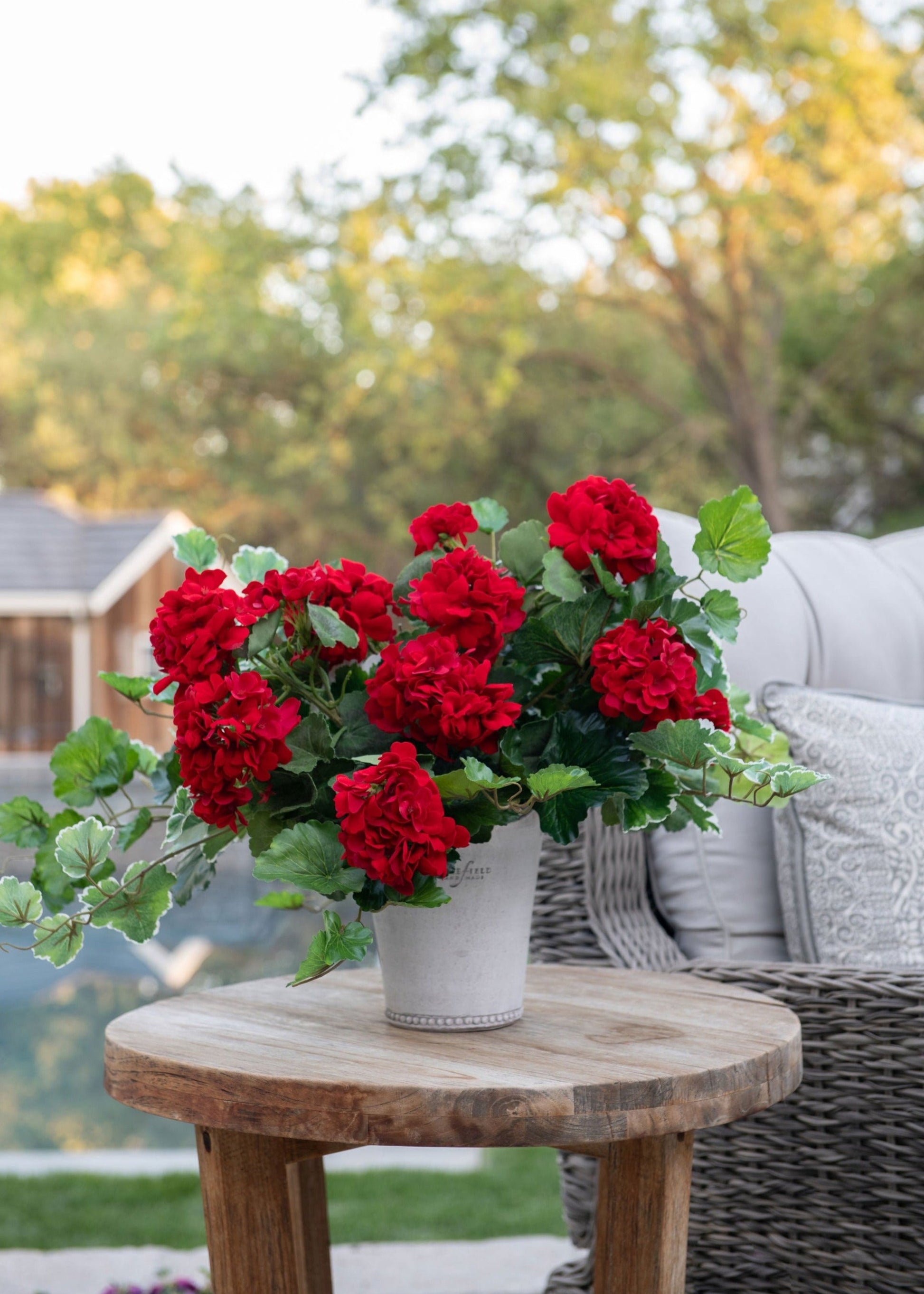 Outdoor Fake Flowers | Water Resistant Outdoor Red Geranium Bush - 18"
