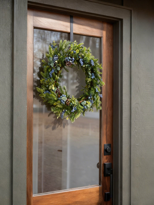Fake Mixed Greenery Wreath with Blue Berries - 29"