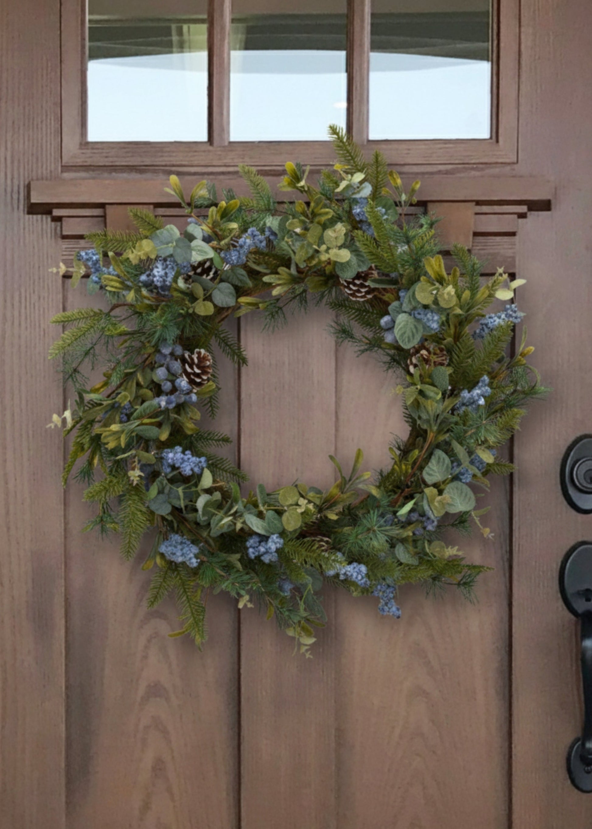 Fake Mixed Greenery Wreath with Blue Berries - 29"