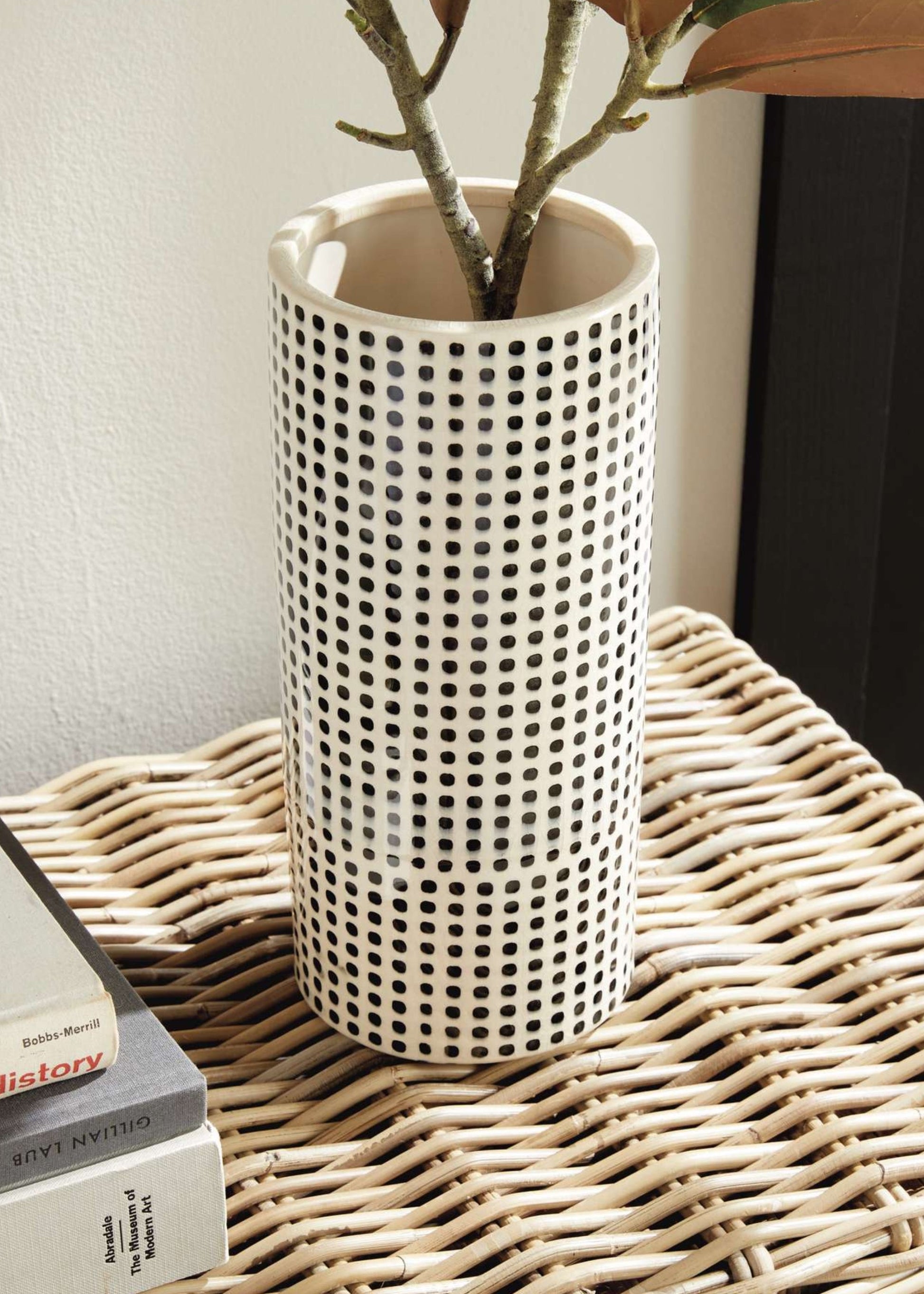 Handmade White and Black Dotted Ceramic Cylinder Vase - 11.25"