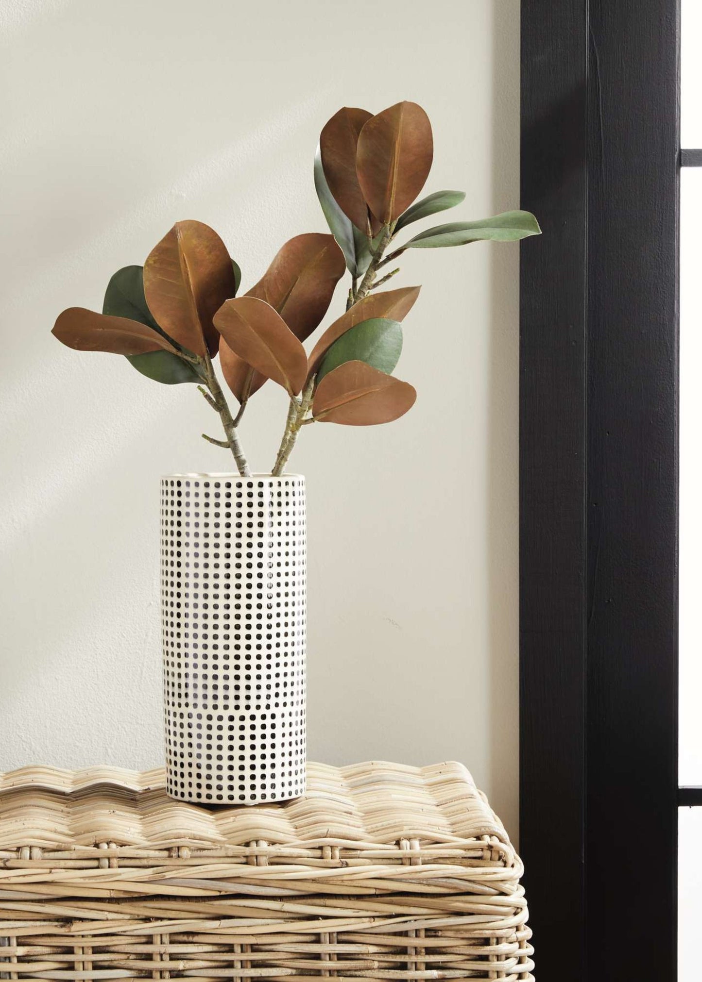 Handmade White and Black Dotted Ceramic Cylinder Vase - 11.25"
