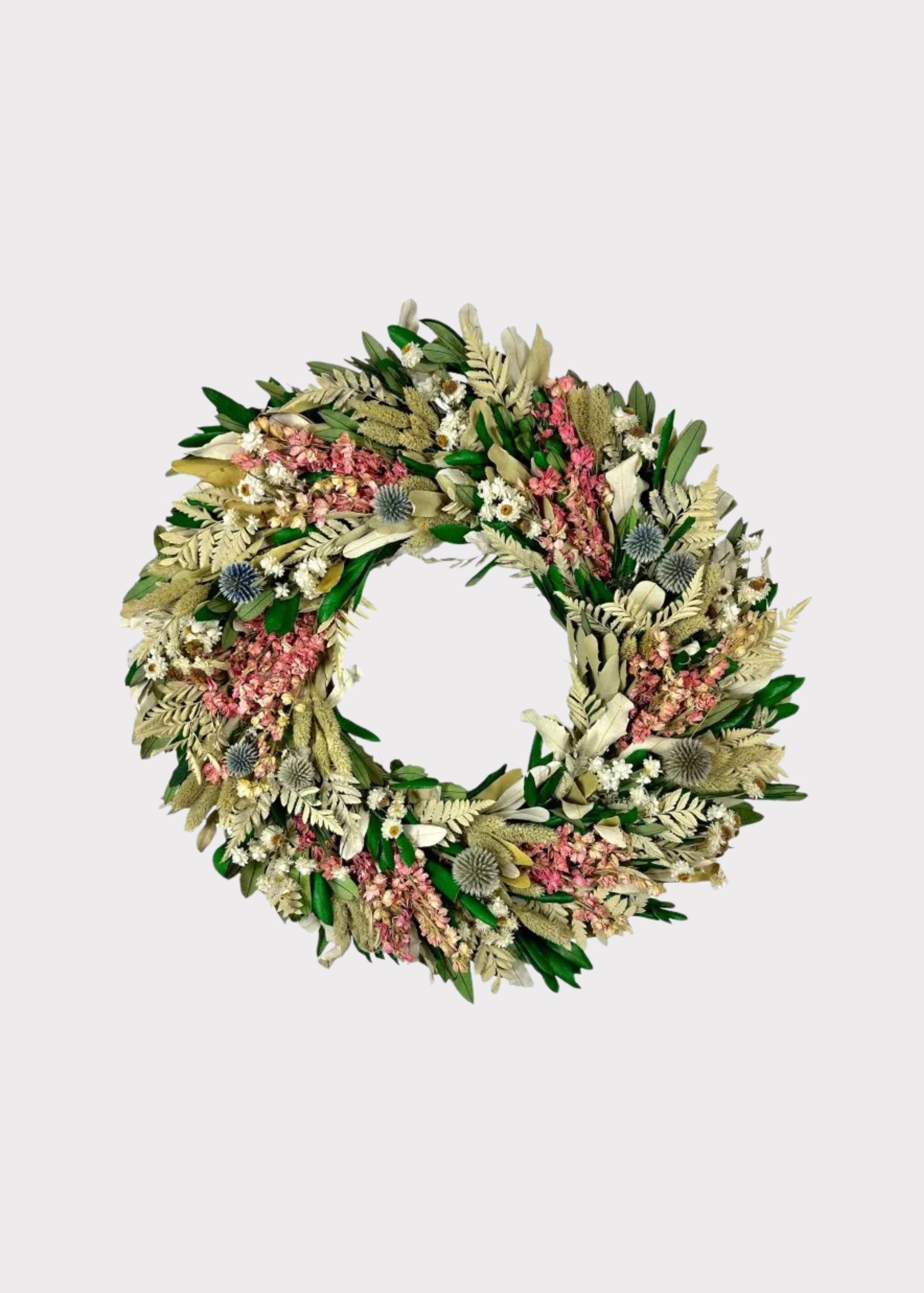 Pink Dried Larkspur and Mixed Foliage Flower Wreath - 22"