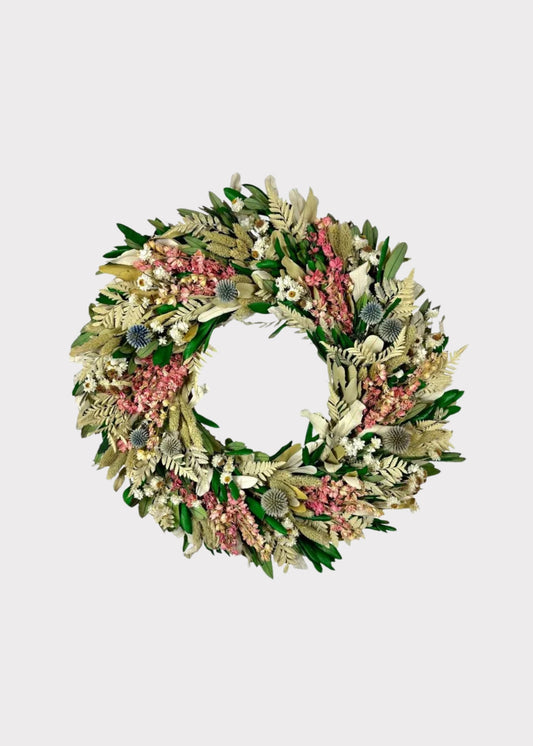 Pink Dried Larkspur and Mixed Foliage Flower Wreath - 22"