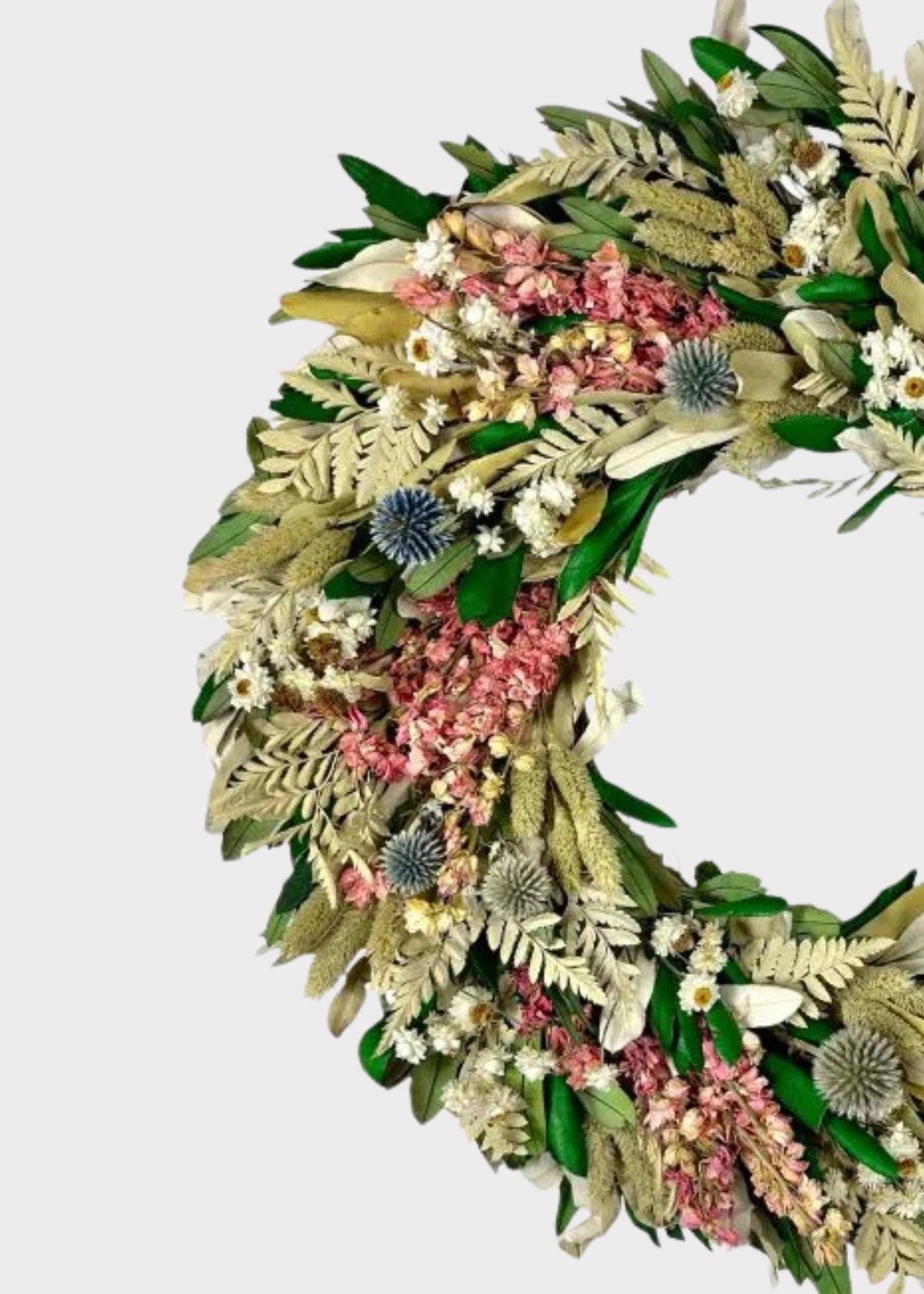 Pink Dried Larkspur and Mixed Foliage Flower Wreath - 22"