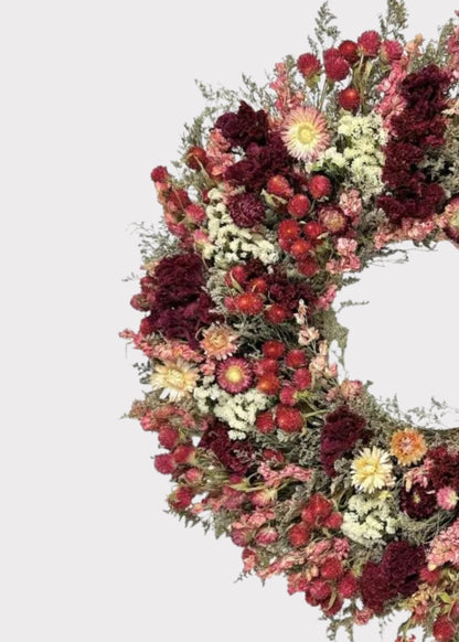 Pink and Red Mixed Dried Floral Wreath - 22"