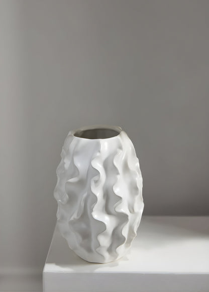 Matte White Ceramic Ruffle Vase - 8"
