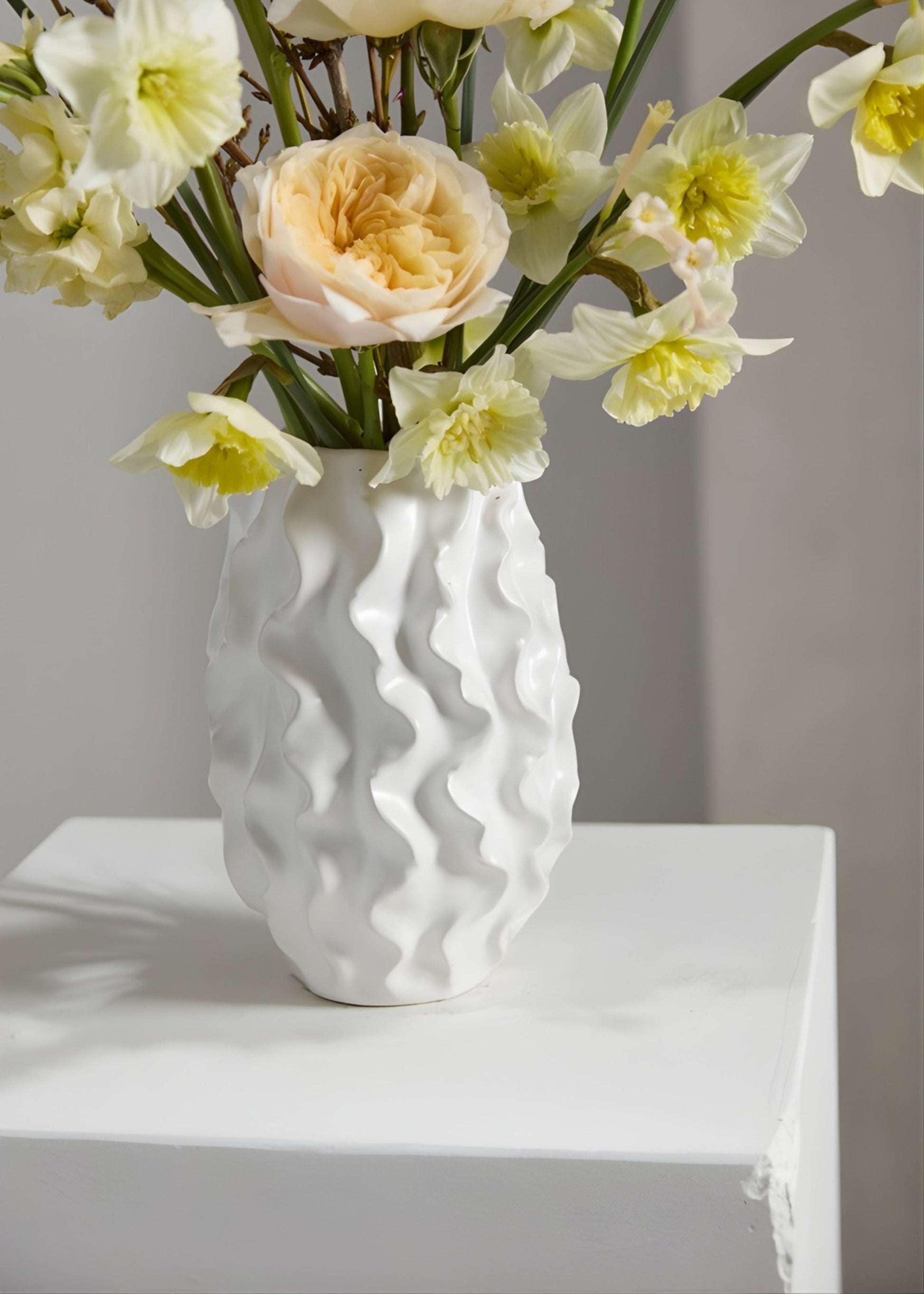 Matte White Ceramic Ruffle Vase - 8"