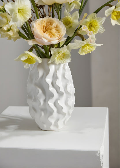 Matte White Ceramic Ruffle Vase - 8"