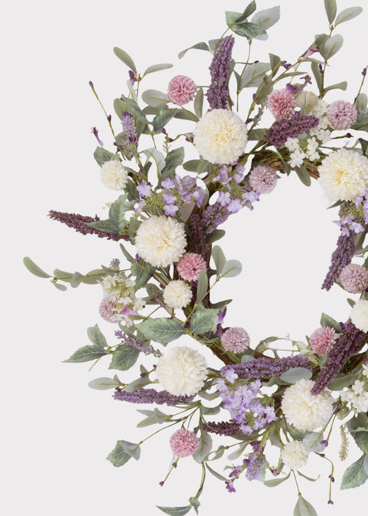 Lavender Pink and Cream Fake Dahlia Garden Wreath - 22"