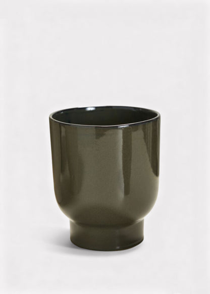 Dark Olive Green Glossy Ceramic Footed Fischer Pot - 8"