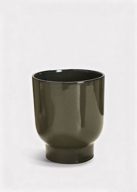 Dark Olive Green Glossy Ceramic Footed Fischer Pot - 8"