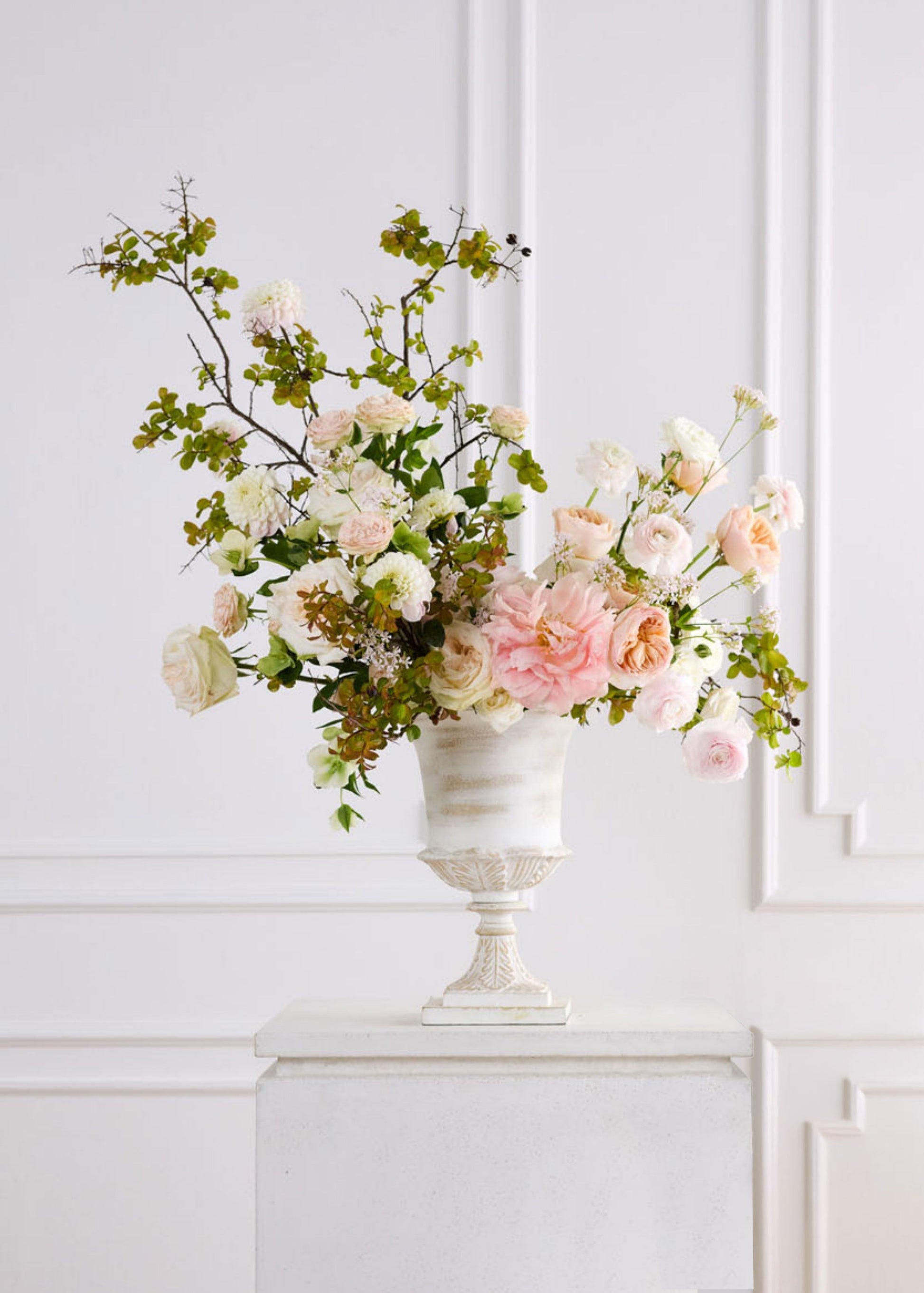 Distressed Metal Urn Vase in Warm White - 14.5"