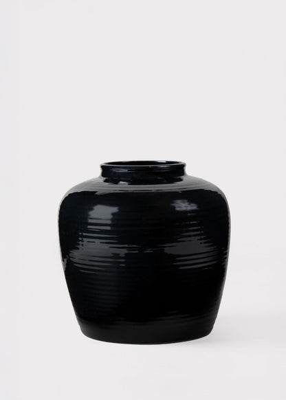 Glazed Afloral™ Ribbed Stoneware Table Vase in Noir - 8"