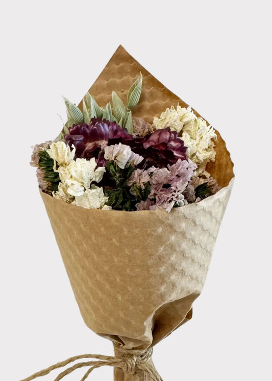 Mini Dried Flowers Purple and Cream Wildflower Bouquet - 7"