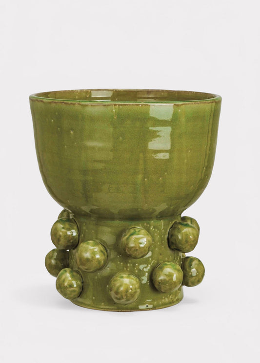 Handmade Terra Cotta Hobnail Footed Vase in Glazed Green - 12.25"