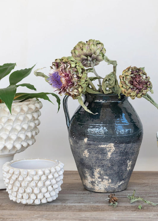 Distressed Terra Cotta Pitcher Vase in Blue Glaze - 11.25"