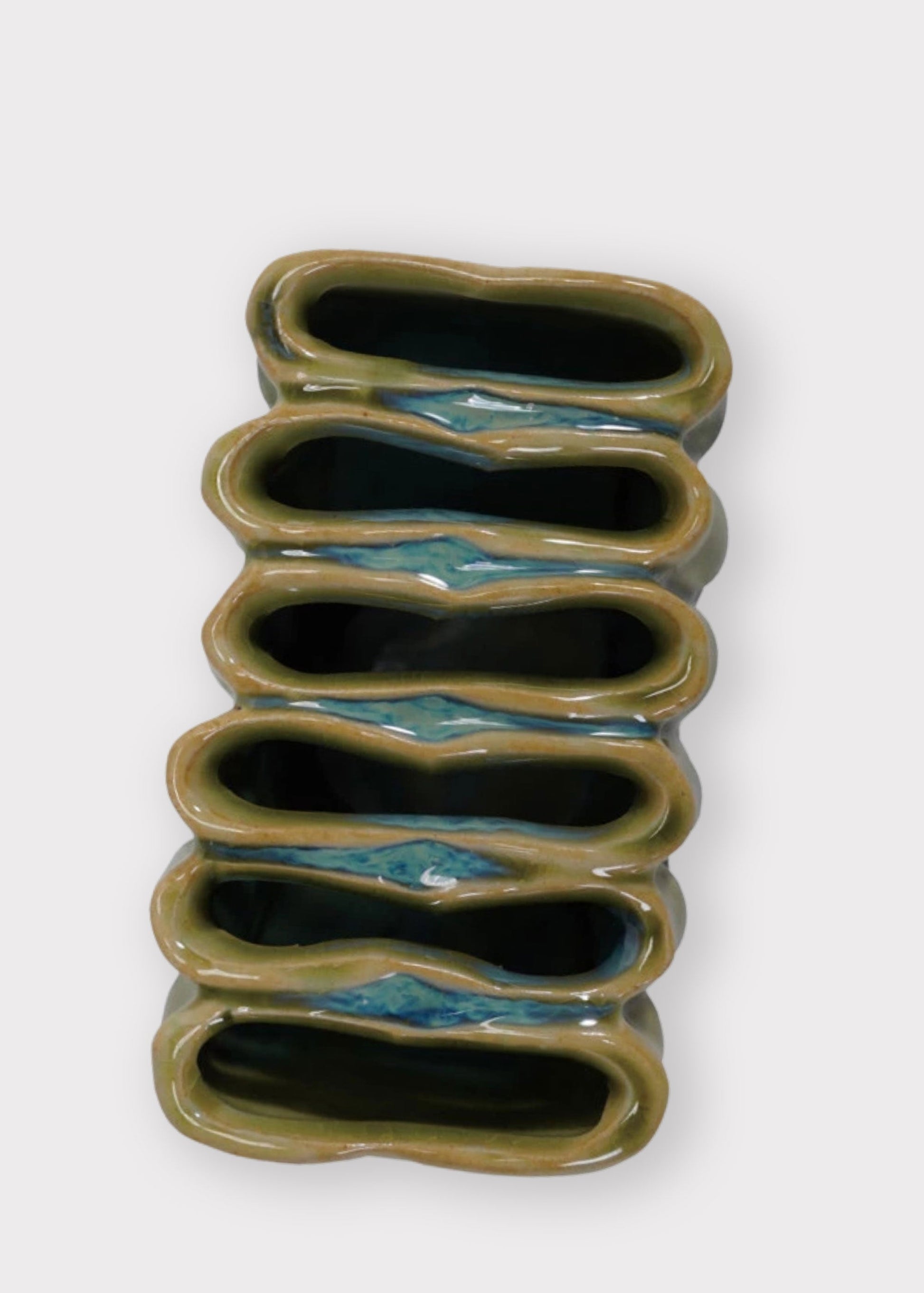 Small Sculptural Stoneware Sectioned Vase in Green Glaze - 3"
