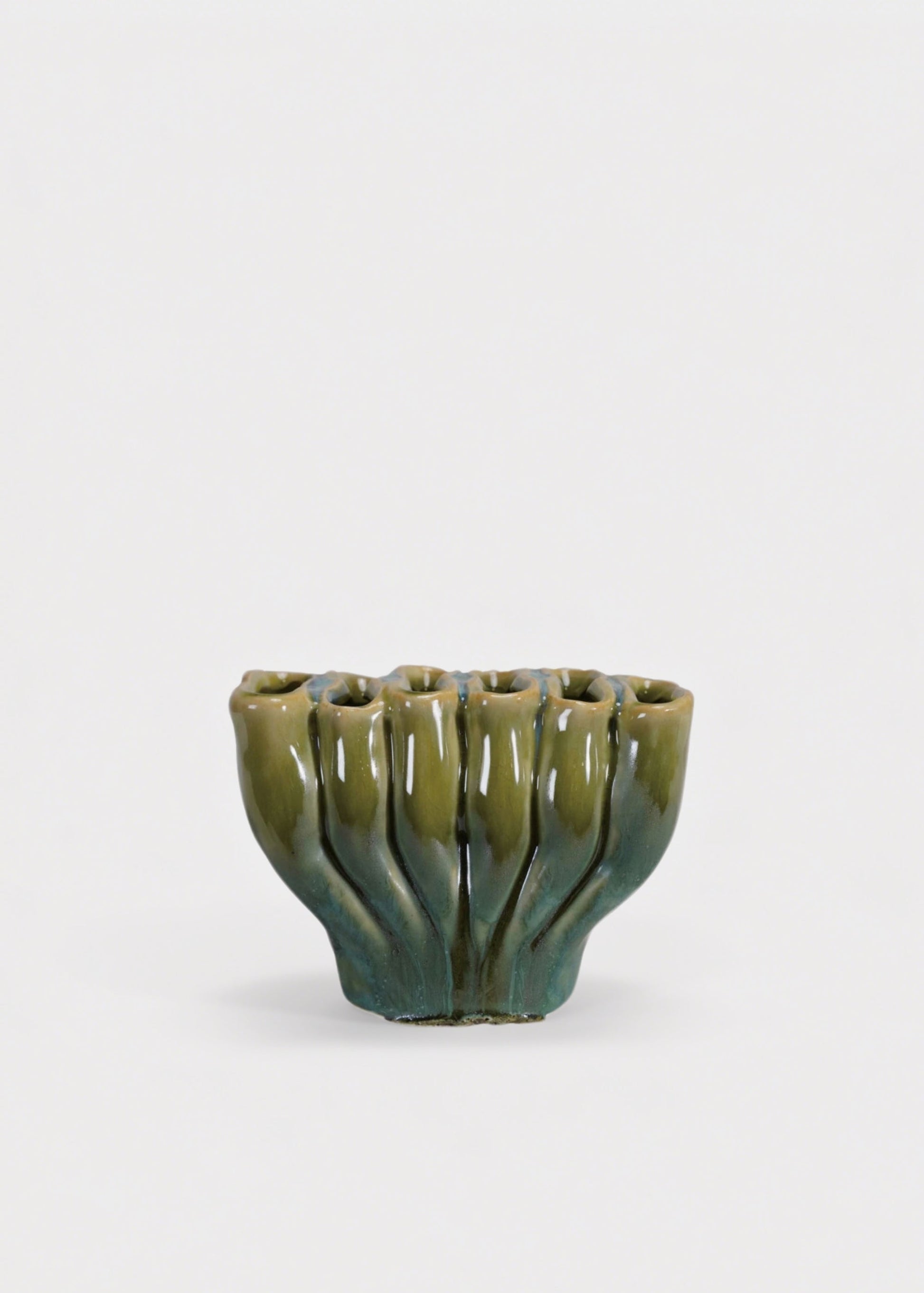 Small Sculptural Stoneware Sectioned Vase in Green Glaze - 3"