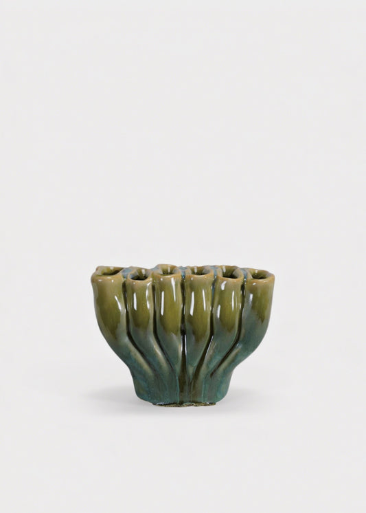 Small Sculptural Stoneware Sectioned Vase in Green Glaze - 3"