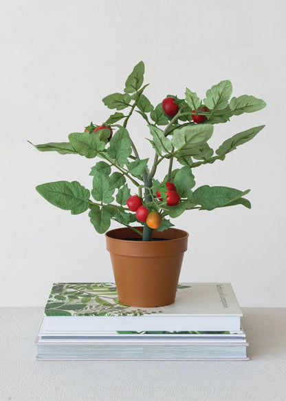 Artificial Potted Tomato Plant in Orange Plastic Pot - 13.25"
