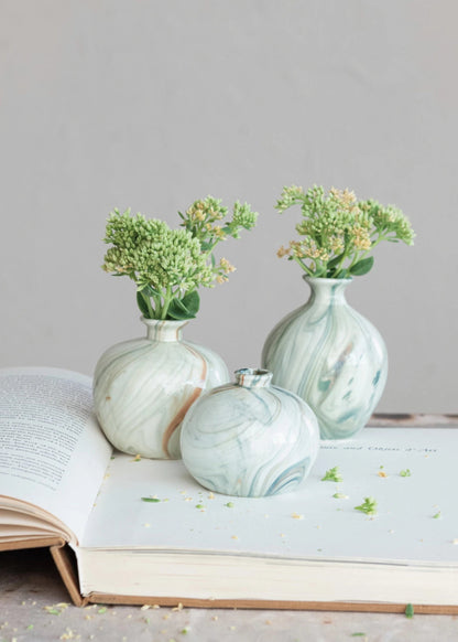 Small Set of 3 Marbled Stoneware Glazed Bud Vases - 3-4.5"