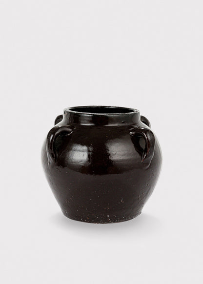 Distressed Clay Round Jar Vase in Dark Brown Black Hue - 6.75"