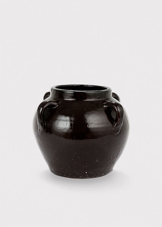 Distressed Clay Round Jar Vase in Dark Brown Black Hue - 6.75"
