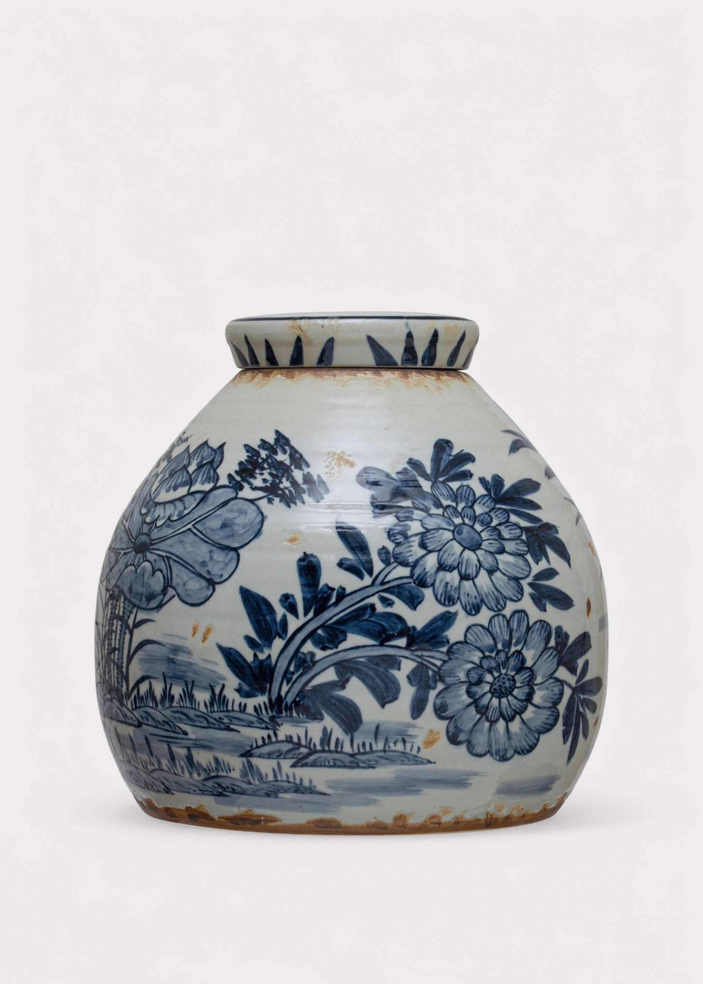 Hand-Painted Blue and White Stoneware Ginger Jar Vase - 11"
