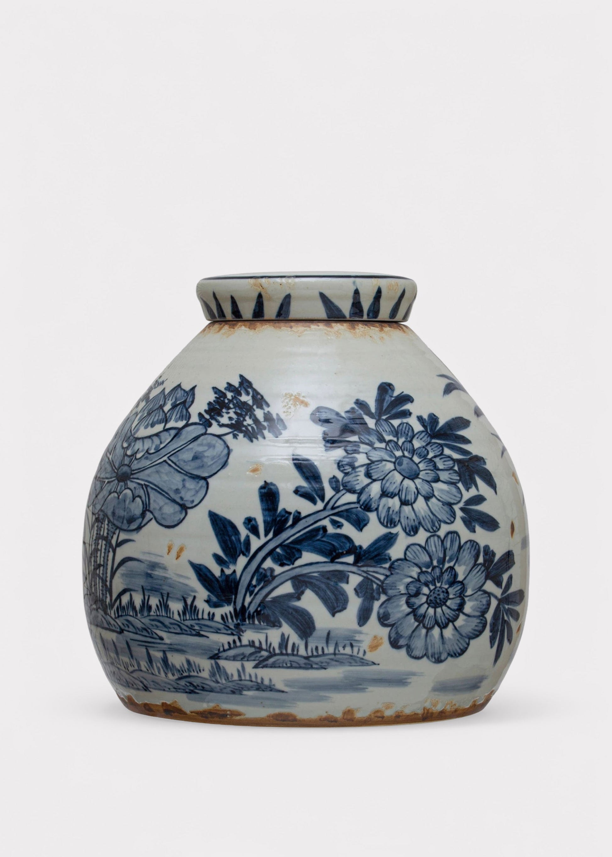 Hand-Painted Blue and White Stoneware Ginger Jar Vase - 11"