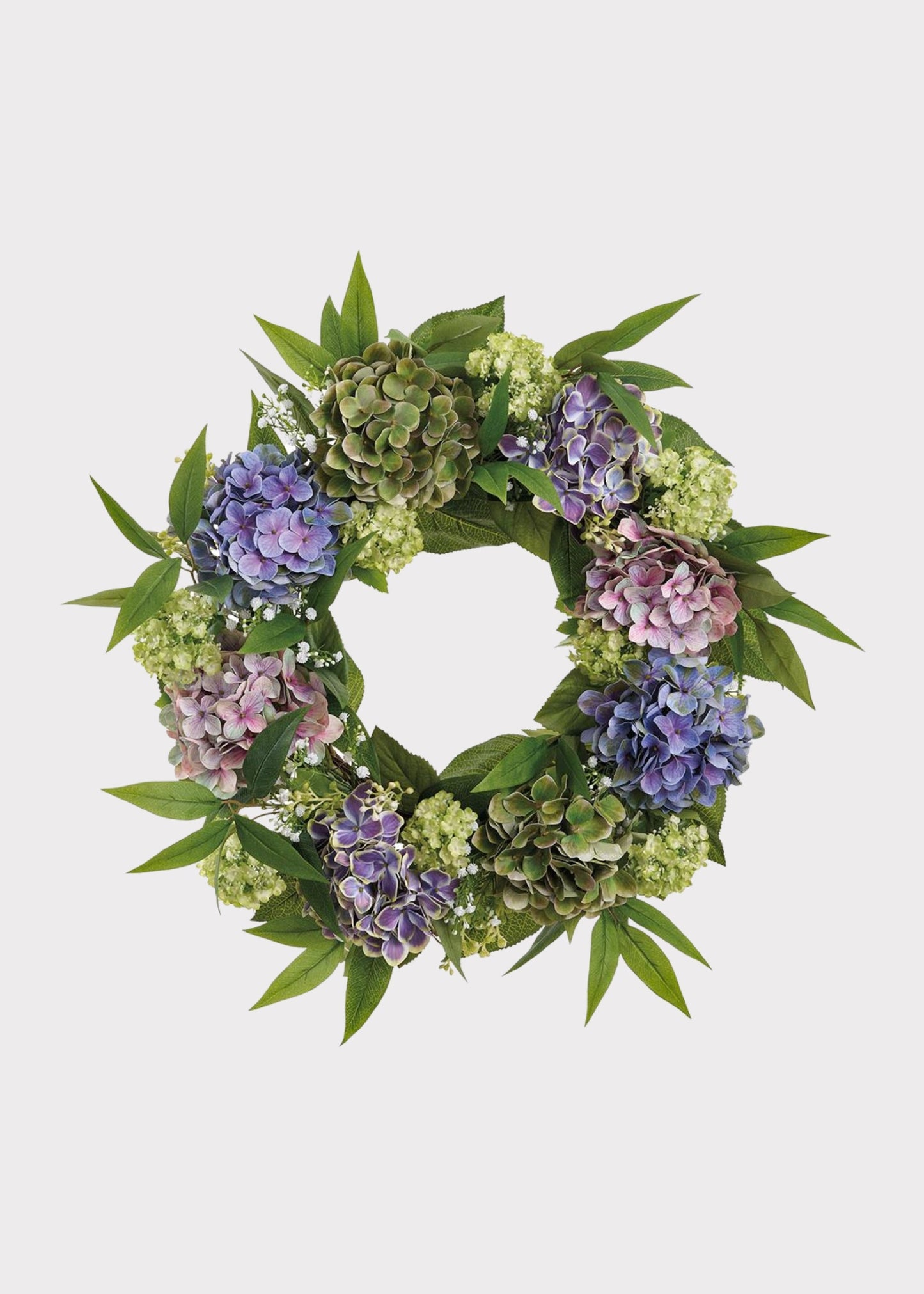 Purple Green Fake Hydrangea and Snowball Flower Wreath - 22"